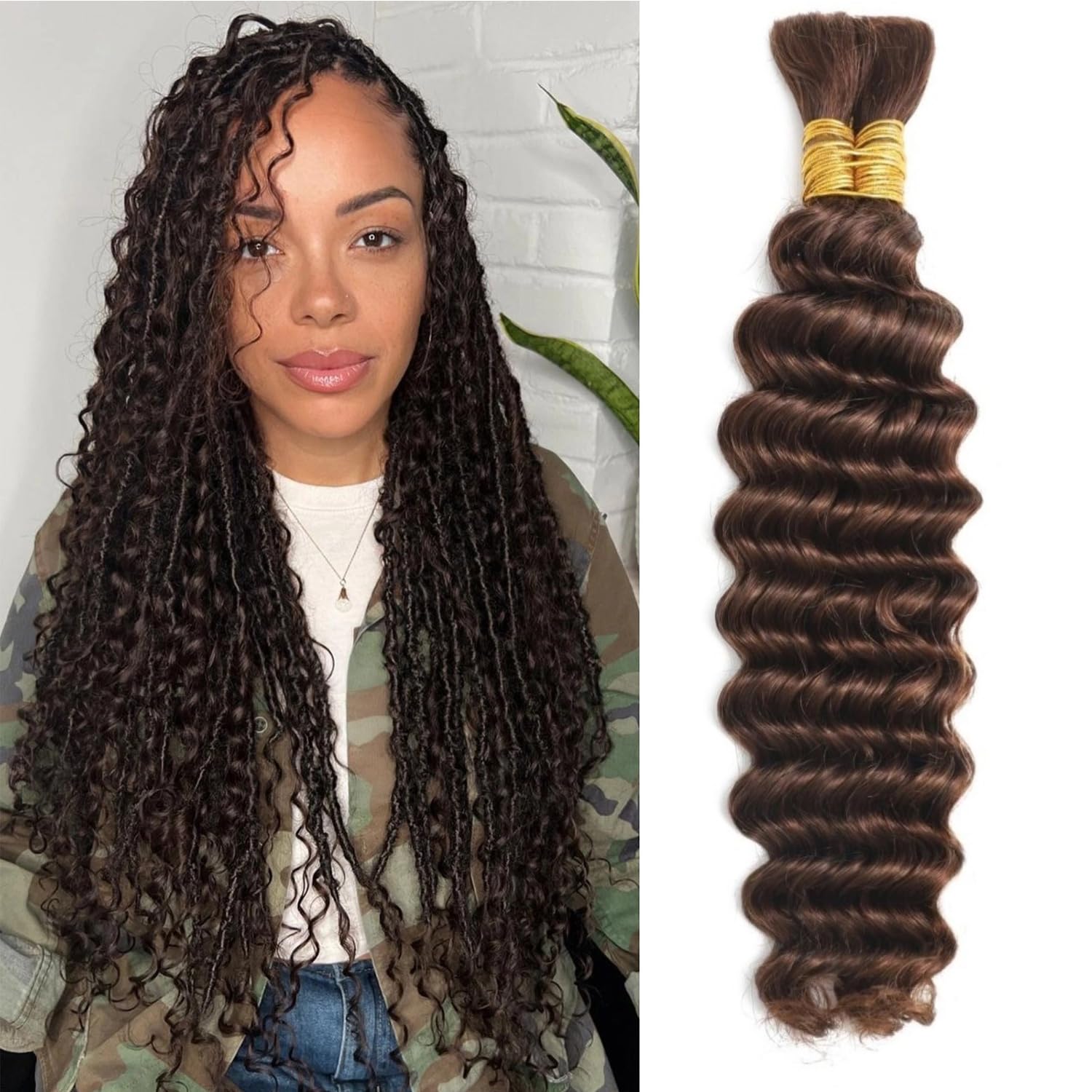 Chocolate Brown Human Braiding Hair For Boho Braids 4# 100g Deep Wave Bulk Human Hair for Braiding 12A No Weft Curly Human Hair Extensions Wet and Wavy Boho Hair for Braiding (4#-Deep Wave, 18 Inch)