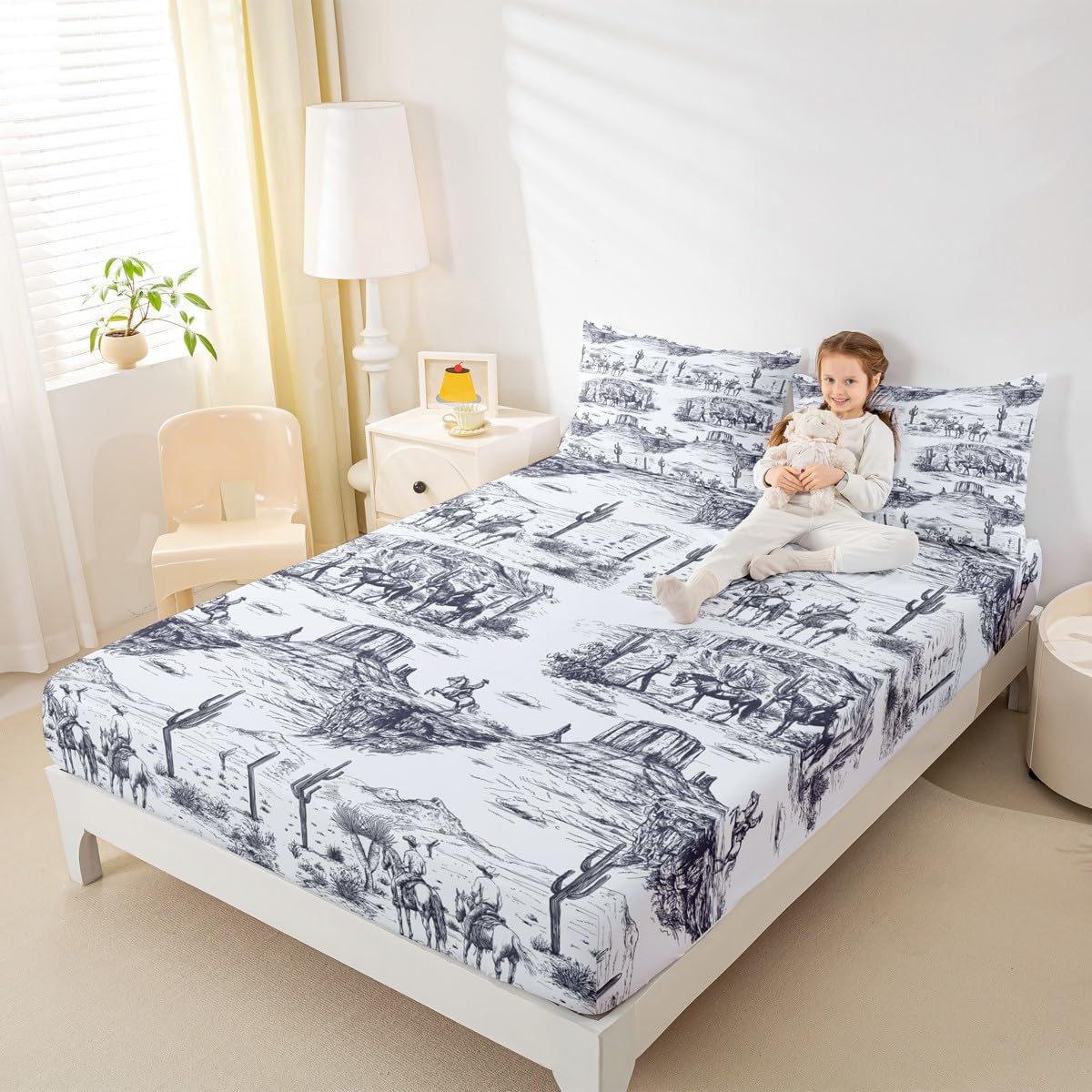 Southwest Desert Bedding Set Twin Size,Western Cowboy Fitted Sheet for Kids Boys Men Adult Room Decor,Rustic Farmhouse Style Bed Sheets Vintage Sketch Navy White Deep Pocket Sheet,1 Pillowcase image 3