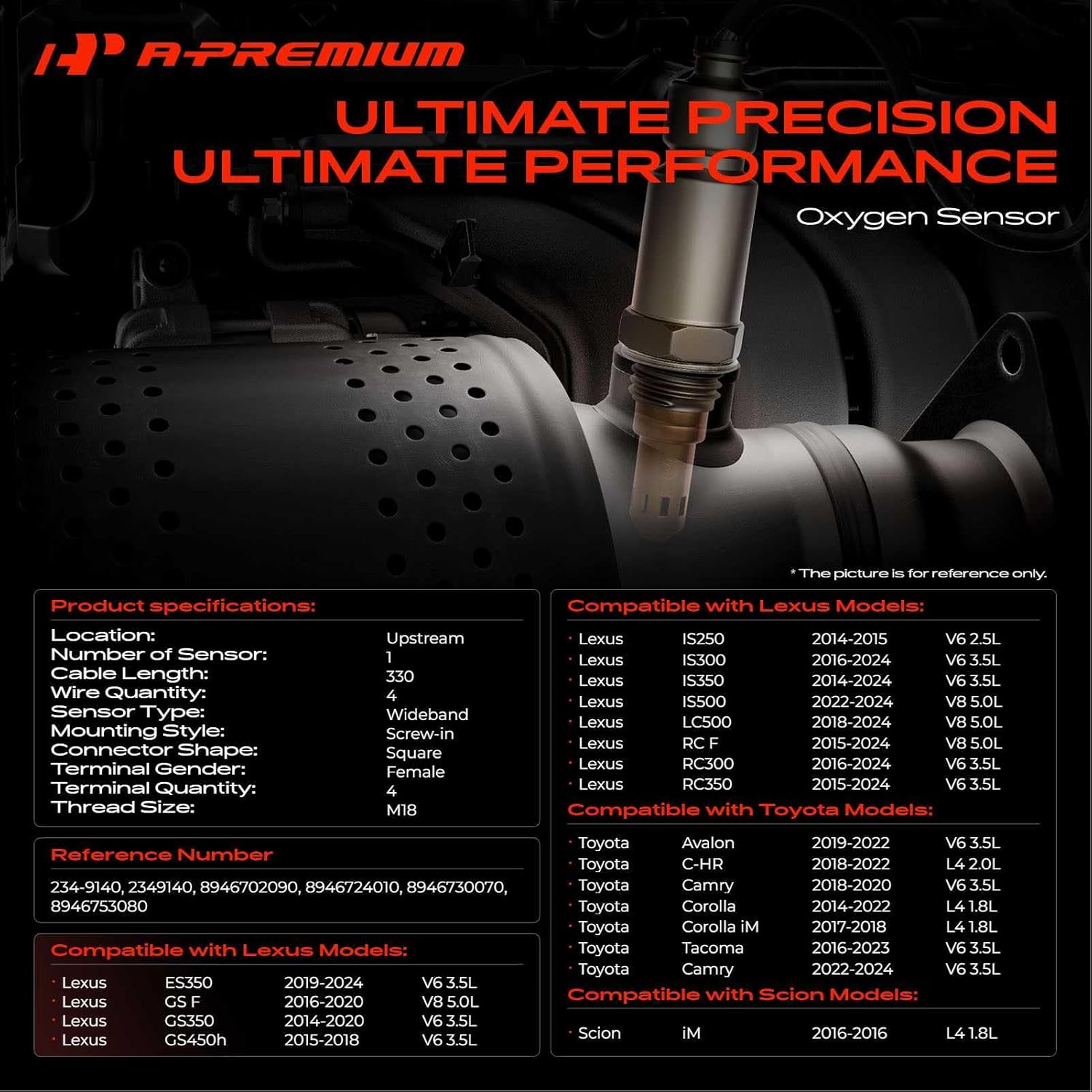A-Premium O2 Oxygen Sensor Compatible with Toyota Camry 18-22, Avalon, Corolla, Tacoma, C-HR & Lexus ES350 19-22, GS350, GS450h, IS250, IS300, IS350, RC300 & Scion, Replace# 8946702090, 8946724010