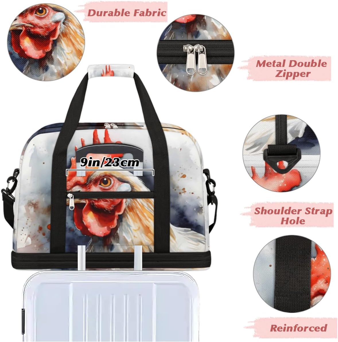 QsirBC Animals Chickens Pattern Gym Bag for Women Duffle Tote with Shoes Compartment Men Weekender Duffel for Dance Travel Sports Swimming Overnight