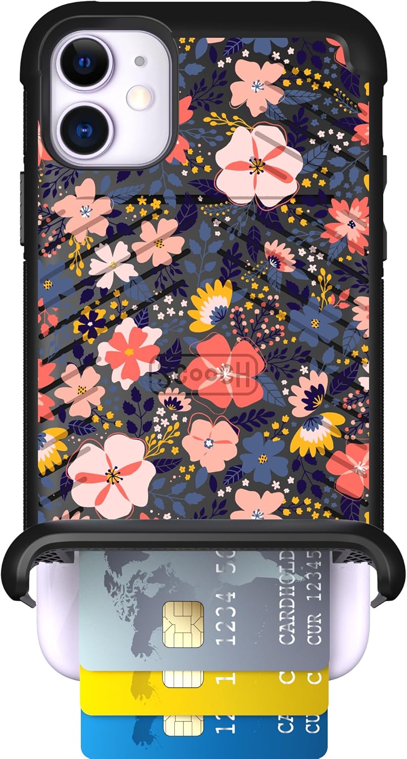 Scooch for iPhone 11 Case with Card Holder, Wingmate Wallet Case with Hidden Card Slot and RFID Protection for 3 Cards, 10-Foot Drop Protection, Wildflowers