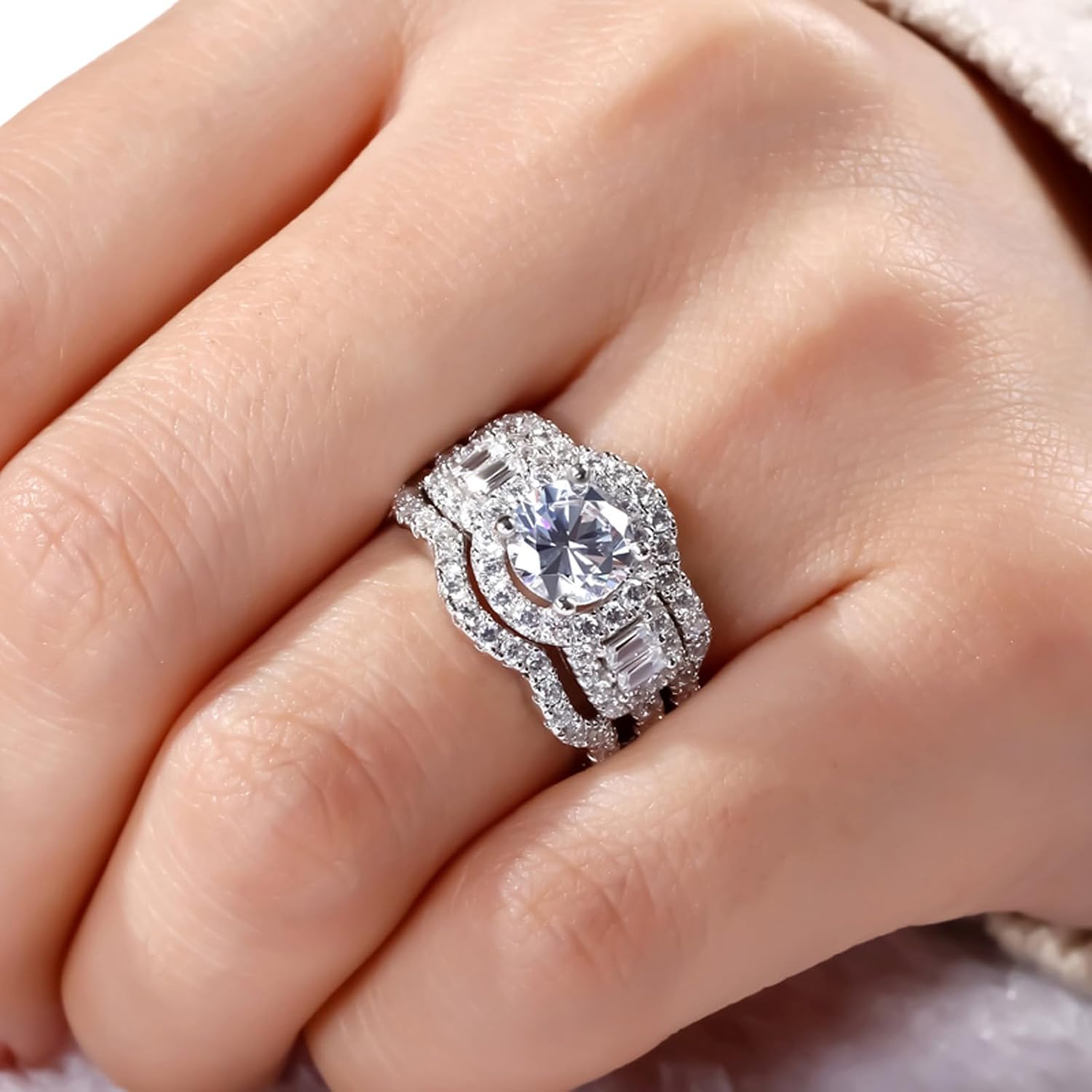 Jeulia 2 Carat Engagement Halo Rings for Women Sterling Silver Round Cut Bridal Set Cubic Zirconia Wedding Diamond Band Rings Promise Anniversary Rings for Her - Image 3