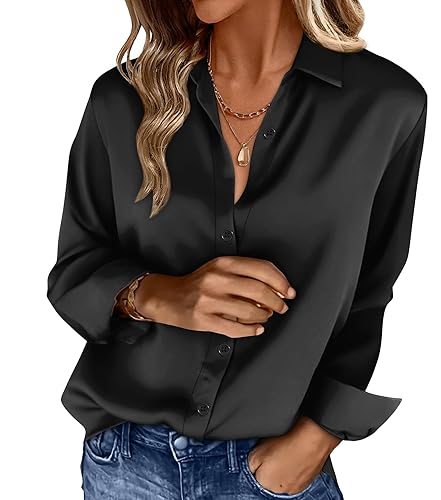 OFEEFAN Womens Button Down Shirts Long Sleeve Tops Silk Satin
