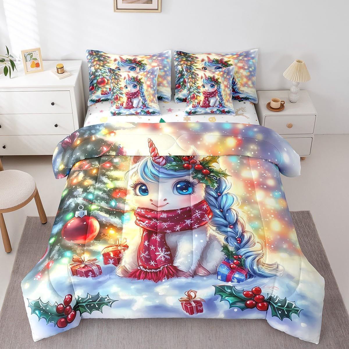 Merry Christmas 7 Pcs King Bedding Sets with Comforter,Flat & Fitted Sheet,Pillowcases,Pillow Covers Watercolor Pine Cones New Year Rustic Style Comforter Set for Kids Teens Adults Bedroom Dorm Decor