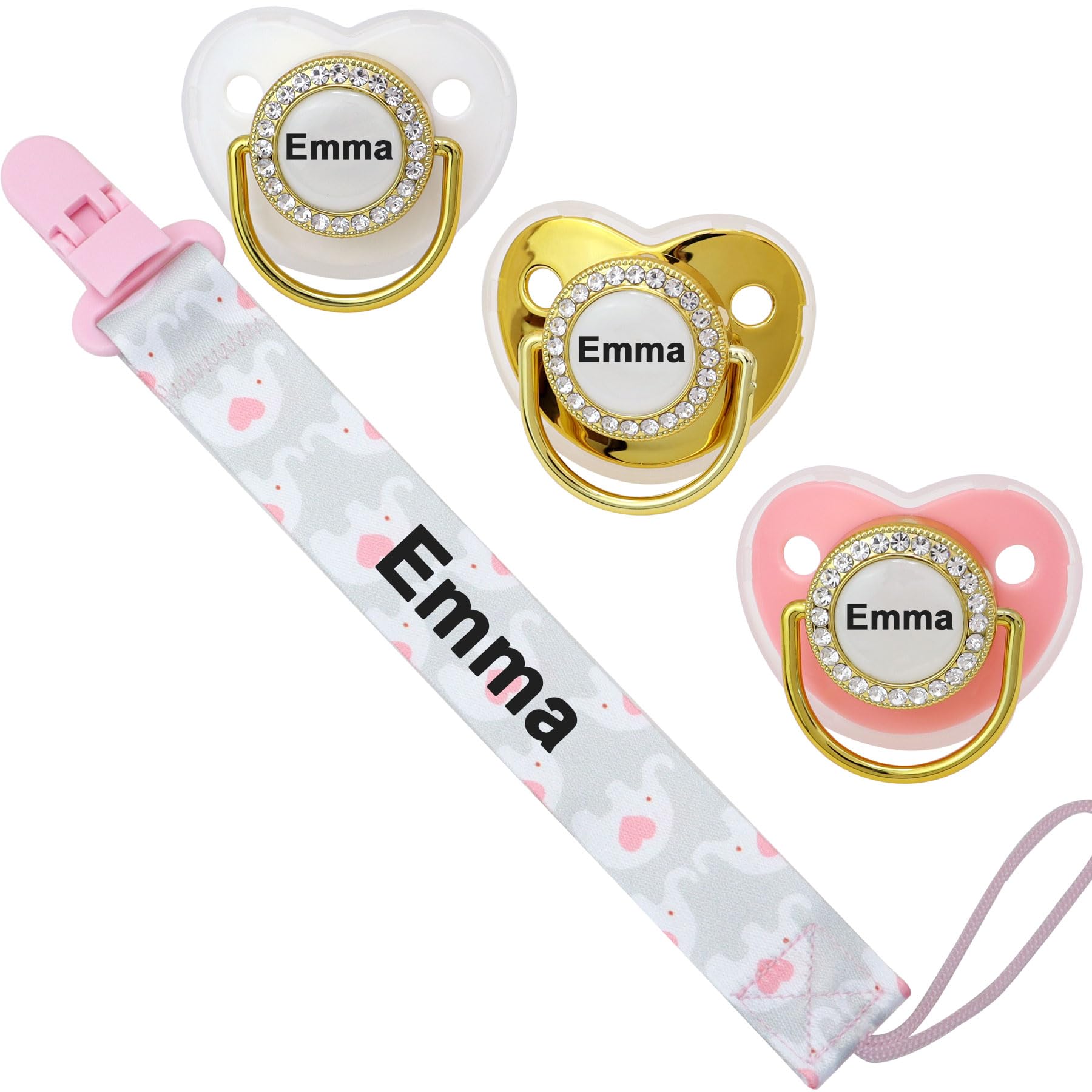 Personalized Pacifier Set with Name, BPA Free, Bling Gold Silver Pink Rose Gold Luxurious Ideal Gift for Newborns (Pink)