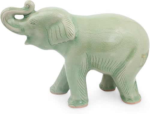 Miniatura 2 de Novica Laughing Elephant Celadon - Figura de cerámica