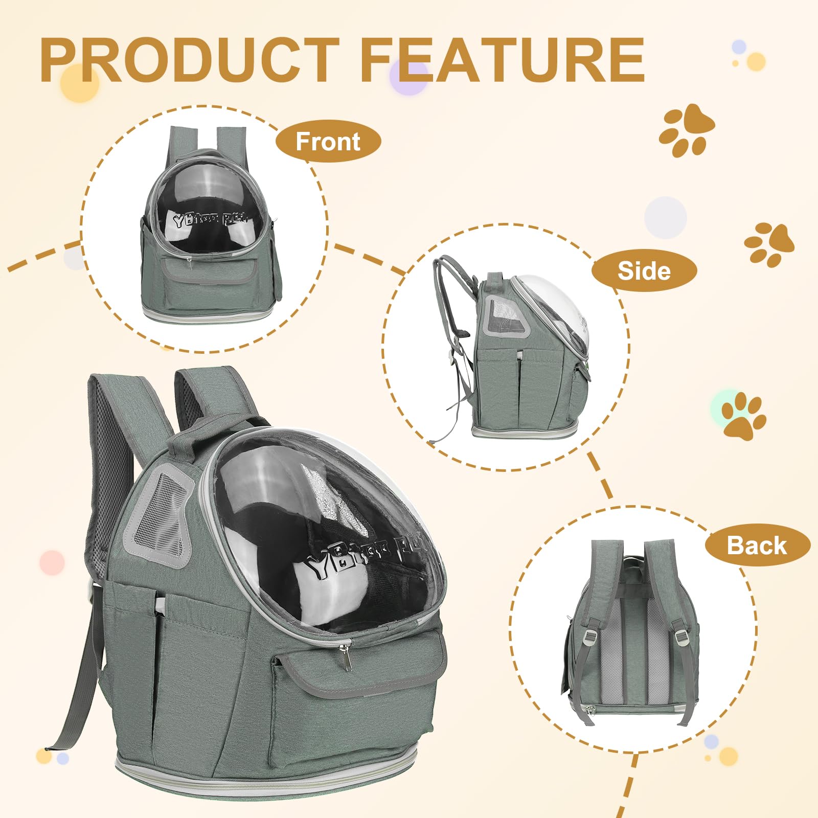 QUARKZMAN Mochila Transportadora para Mascotas, Portátil Y Ventilada, Tela Oxford, Bolsa De Viaje para Perros Y Gatos con Cubierta Transparente 13.39", (Gris, 1 Pieza)