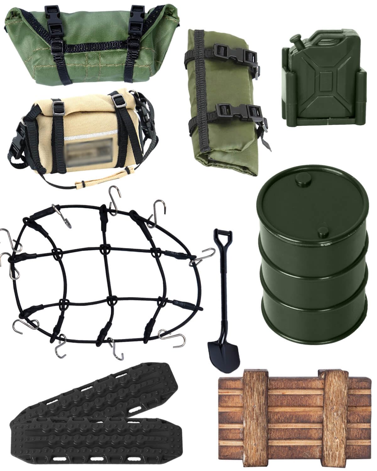 RC Upgrade Parts for 1/18 TRX4M 1/24 SCX24,Crawler Car Decoration Luggage Net/Package/Luggage/Sleeping Bag/Fuel Tank/Shovel/Oil Drum/Sand Ladder(Green,Black)