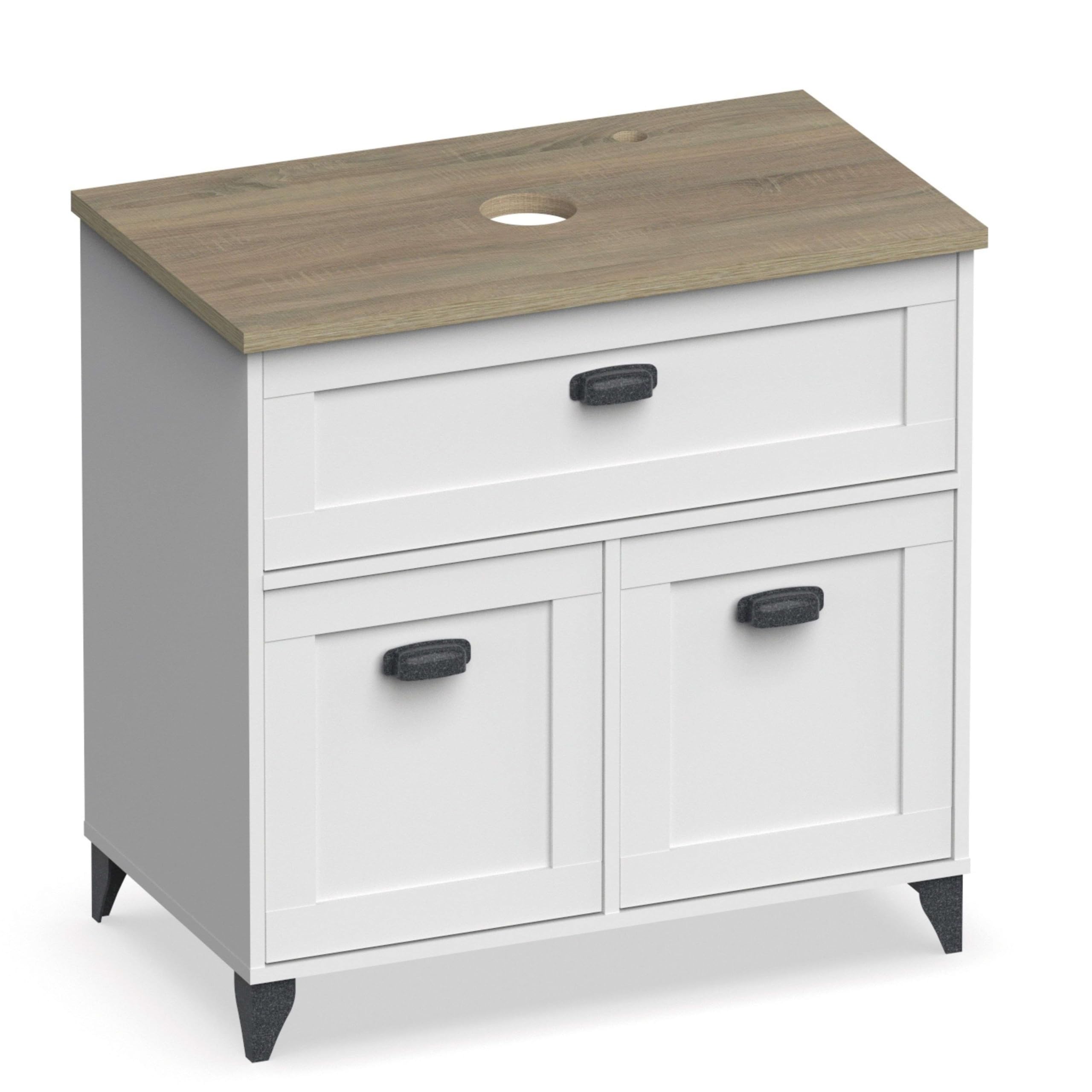 MUEBLES PITARCH | Mueble de Baño 80cm Ancho con Patas, Cajón guías Cierre Suave, 2 Puertas, para Lavabo de sobreponer, Blanco y Roble Cambrian, Estilo Vintage Modelo Toscana