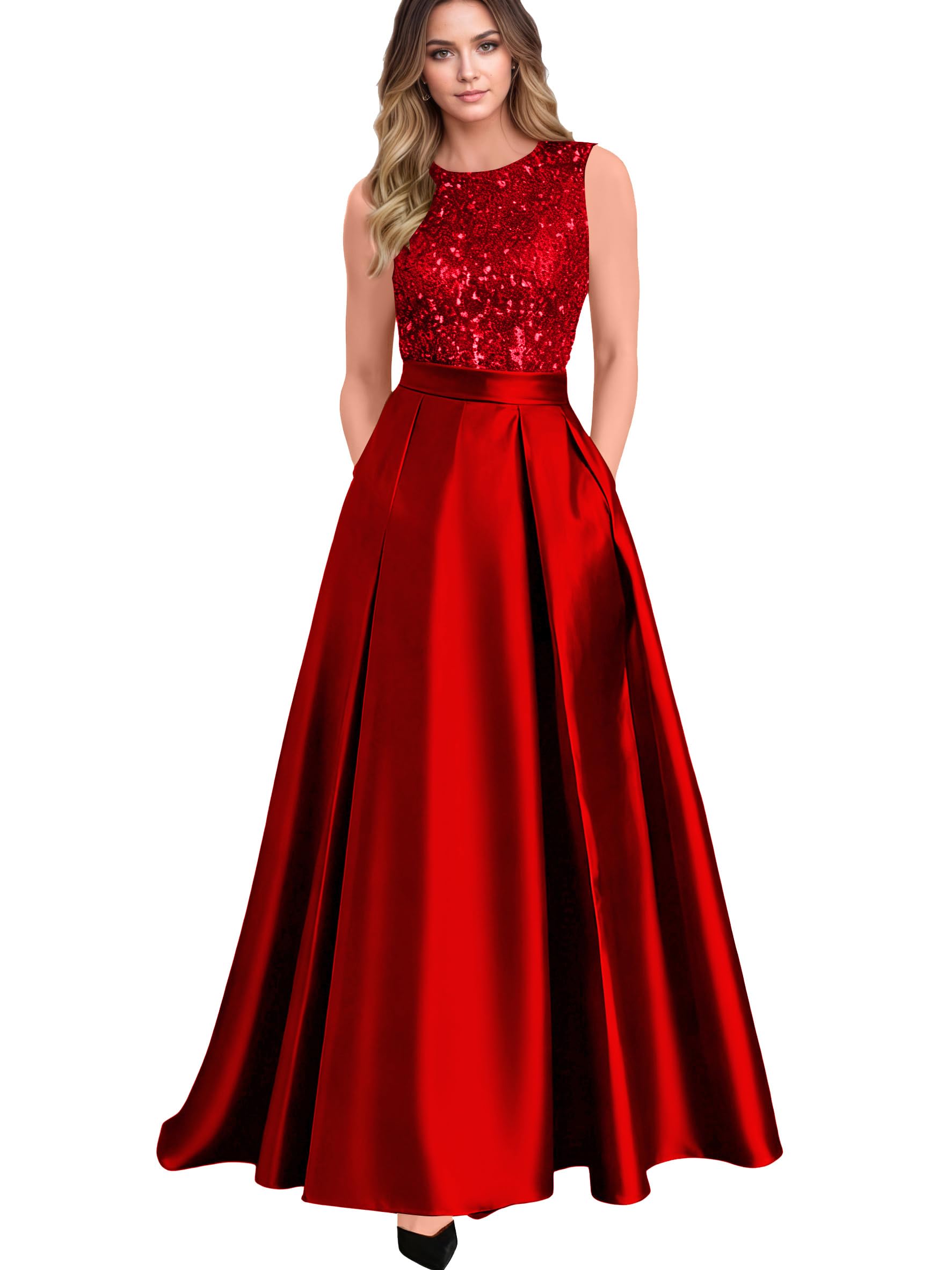 Sparkly Sequin Prom Dresses Long Ball Gown Satin Sleeveless Formal Evening Gowns with Pockets