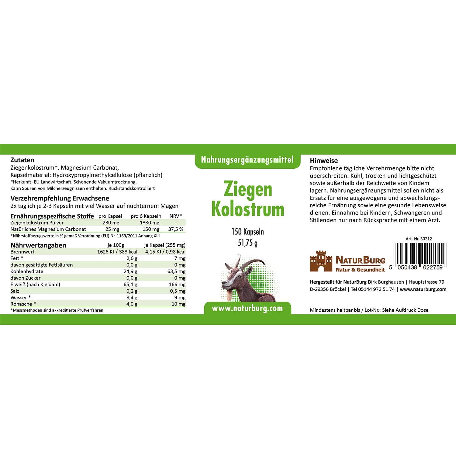 Colostrum Ziege Erstmilch Biestmilch 1 er Pack (1 x 150 Kapseln) - Ziegenkolostrum mit Proteine, Vitamine Aminosäuren - Stoffwechselkur