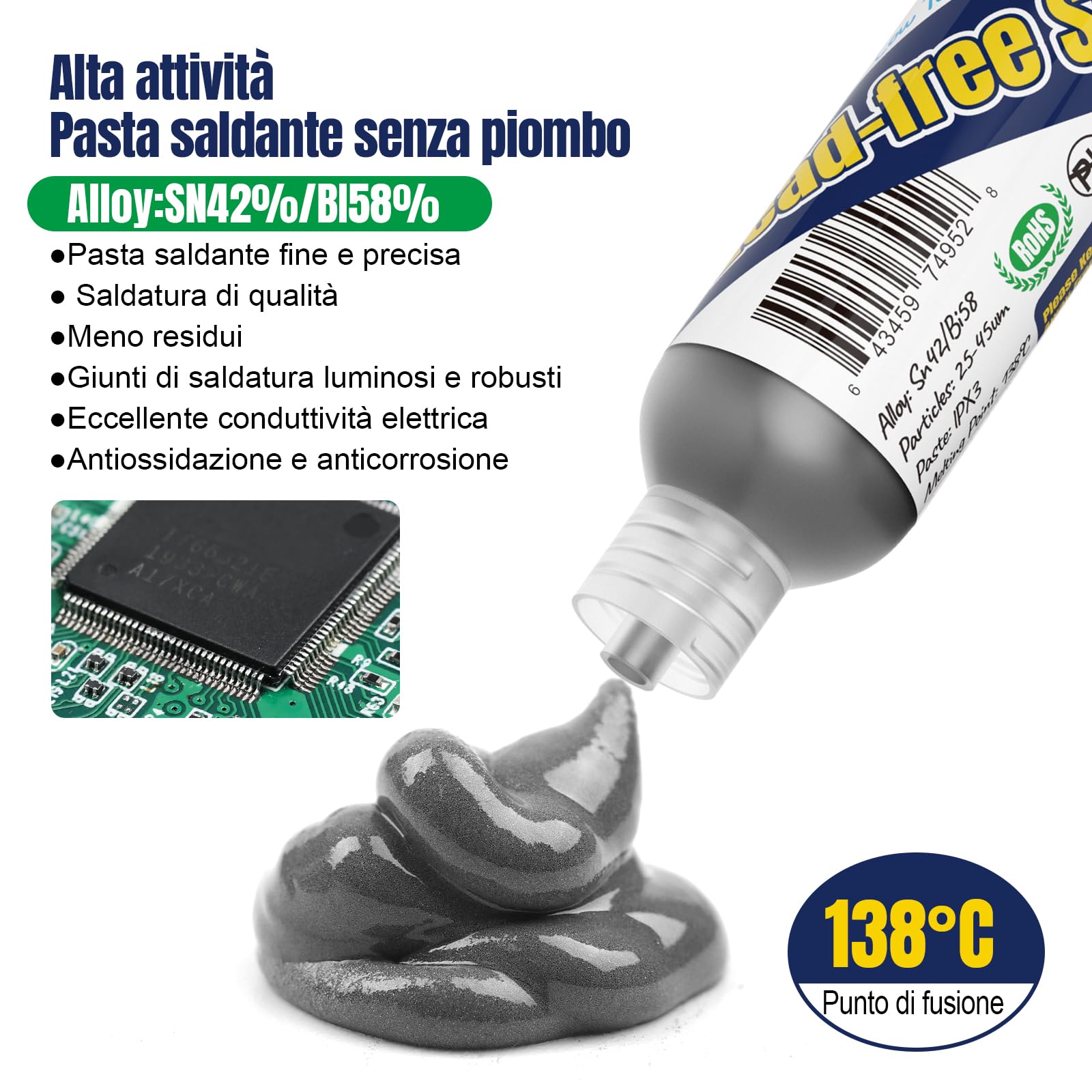 Pasta Saldante, Senza Piombo Paste per saldatura, Sn42 Bi58 Siringa Flussanti per saldatura, Flussi per pasta saldante per Elettronica Saldante (1.05oz/30g)