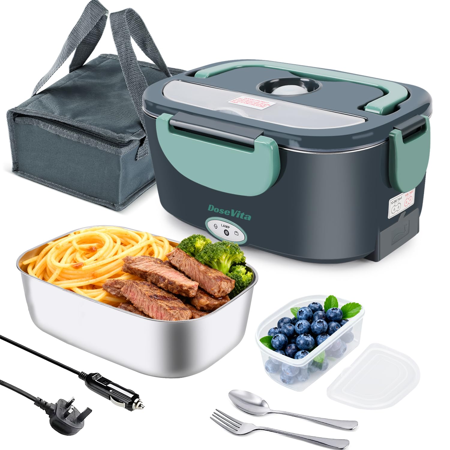 Elektrische Lunchbox, 80W Beheizte Lunchbox 1.5L, 12V/24V/230V Tragbarer Speisenwärmer für Erwachsene, Auslaufsicherer Edelstahl Lunch-Heizung mit Isoliertasche & Besteck für Auto, LKW, Büro