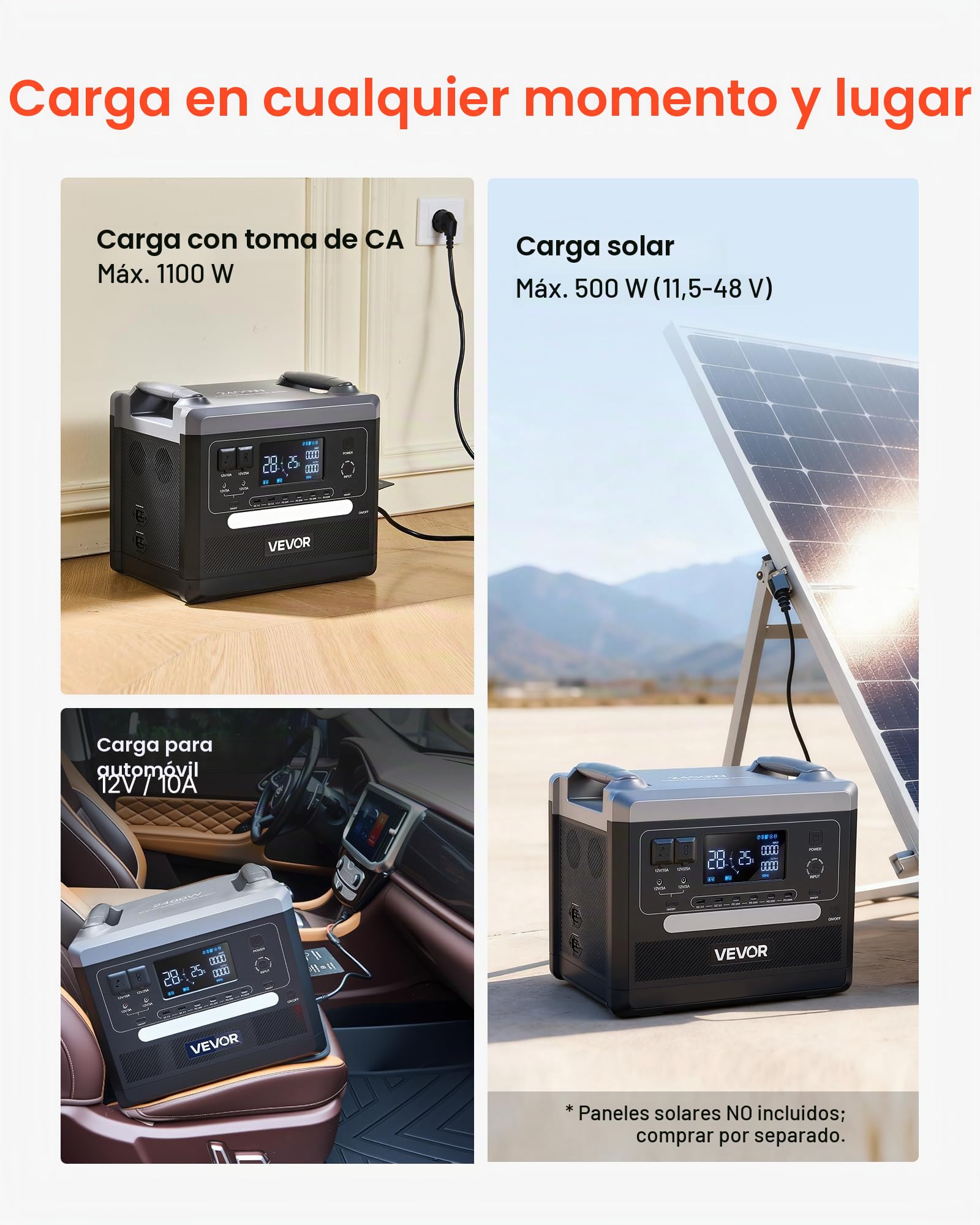 VEVOR Estación de Energía Portátil 2160 Wh, Generador Solar 2400 W, para Camping, Vehículos y Actividades de Ocio, 10 Puertos de Salida, Potencia de Entrada Ajustable, Panel Solar no Incluido