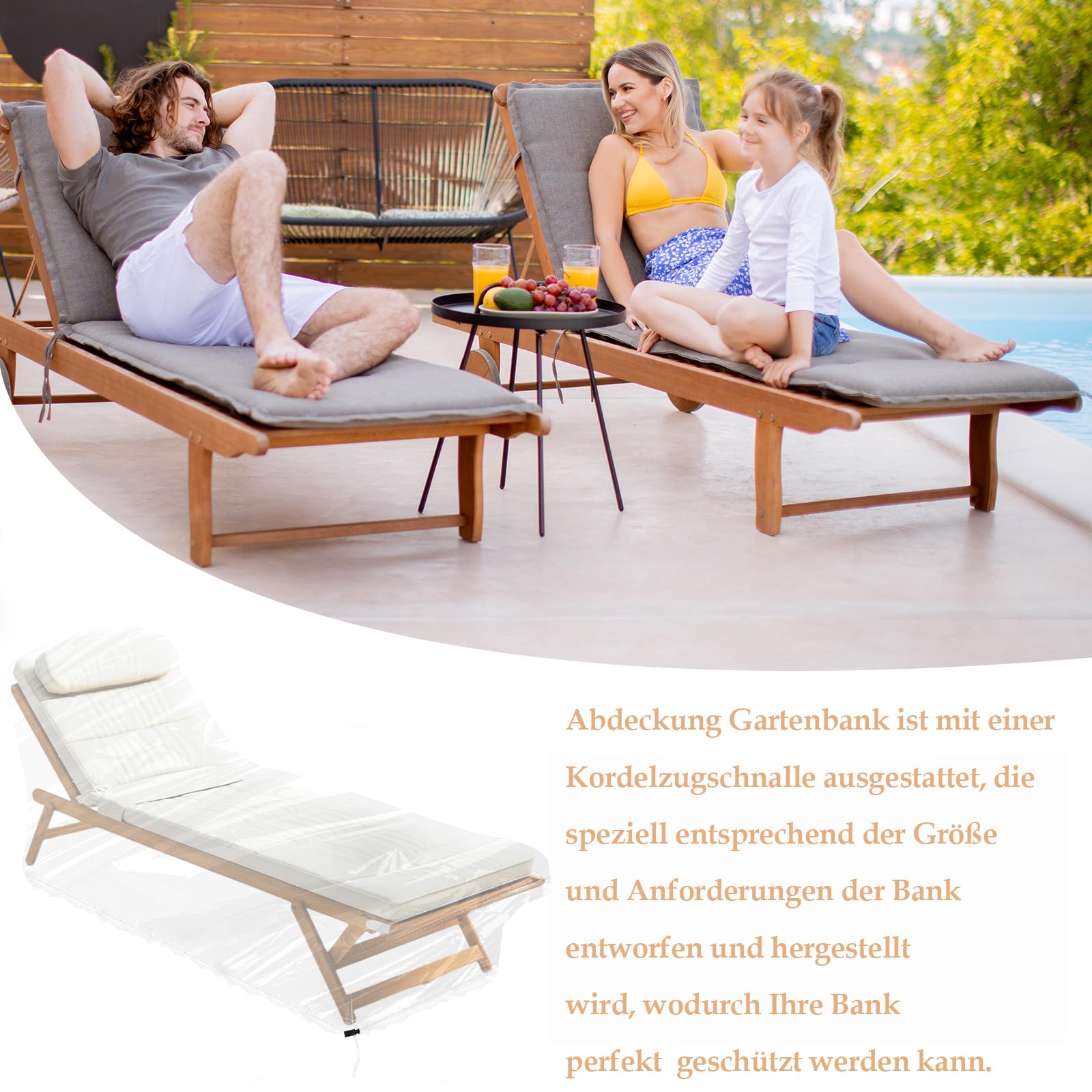 Housse de protection pour chaise longue de jardin, chaise longue, avec cordon de serrage, 200 x 70 x 75 cm, transparente, pour meubles de jardin, chaise longue, housse imperméable
