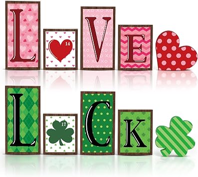 6Pcs Reversible Valentines Day Decorations for Home Valentine Decor Indoor St Patricks Decor Love Luck Wooden Table Sign Double Side Irish Table Centerpieces Blocks Heart Shamrock Wood Tabletop Tiered Tray Shelf Office Desk