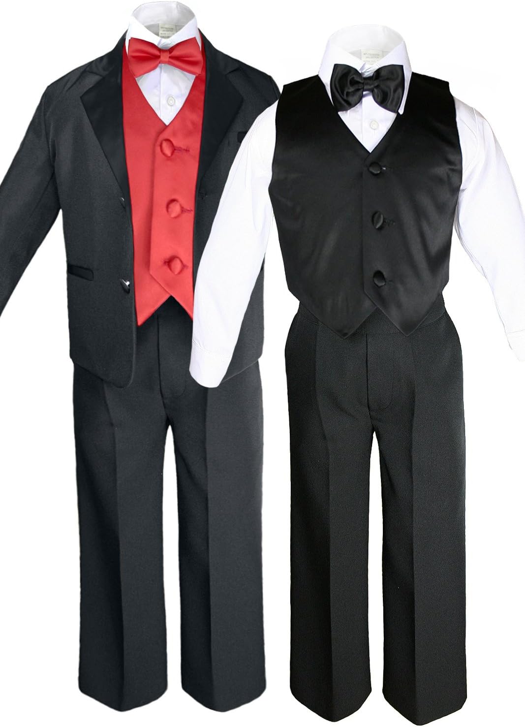 7pcs Boys Black Suits Tuxedo with Satin Red Bow Tie Vest Set (S-20)