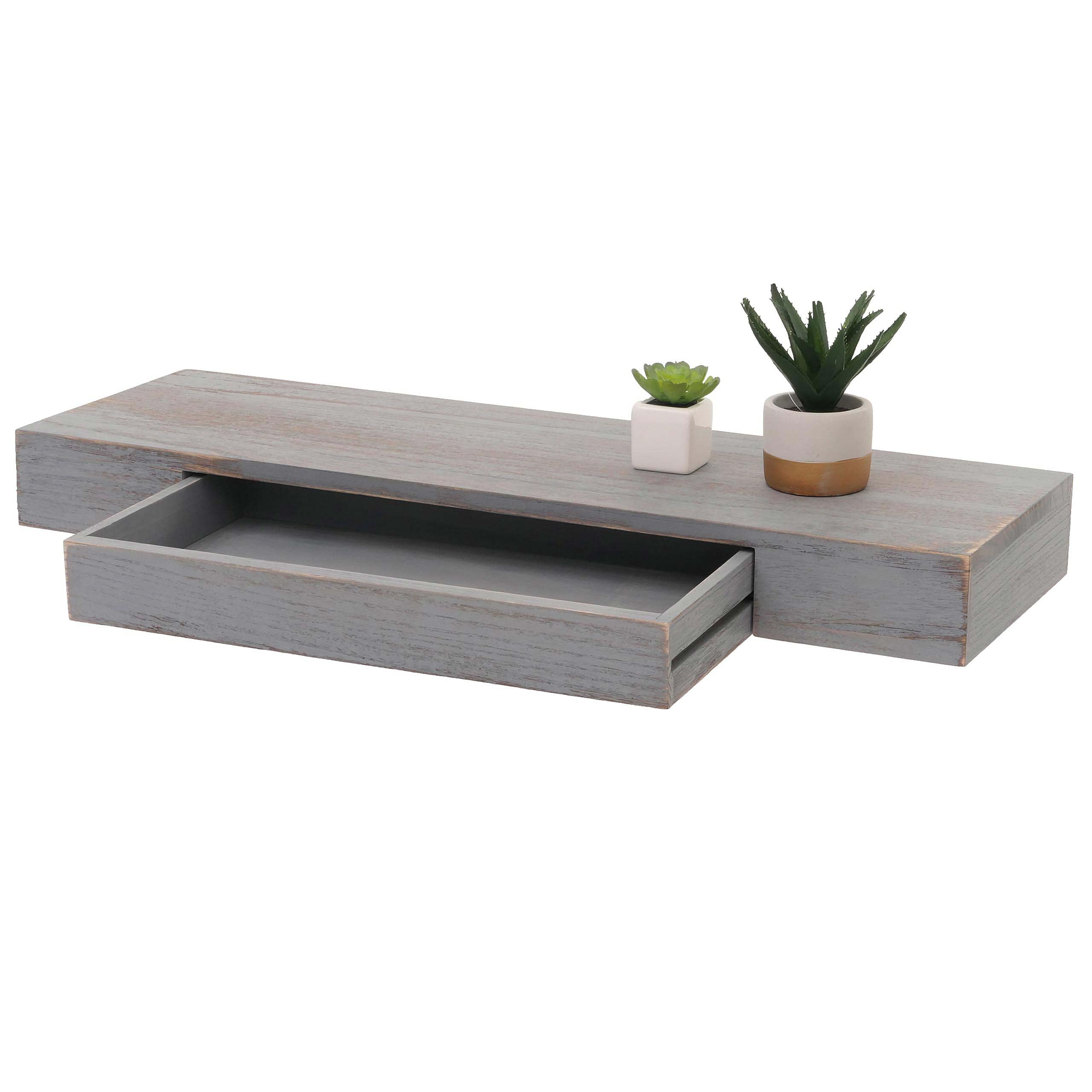 Mensola ripiano pensile con cassetto HWC-H37 25x80x8cm Legno massello Grigio Shabby