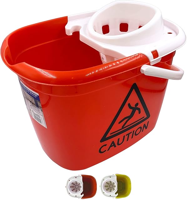 Mop Bucket with Wringer and Wet Floor Caution Sign, 12L Cleaning Bucket Plus Built-in Easy Carry Handle, Heavy-Duty Plastic Red Mop Bucket for Commercial and Industrial Surface Cleaning
