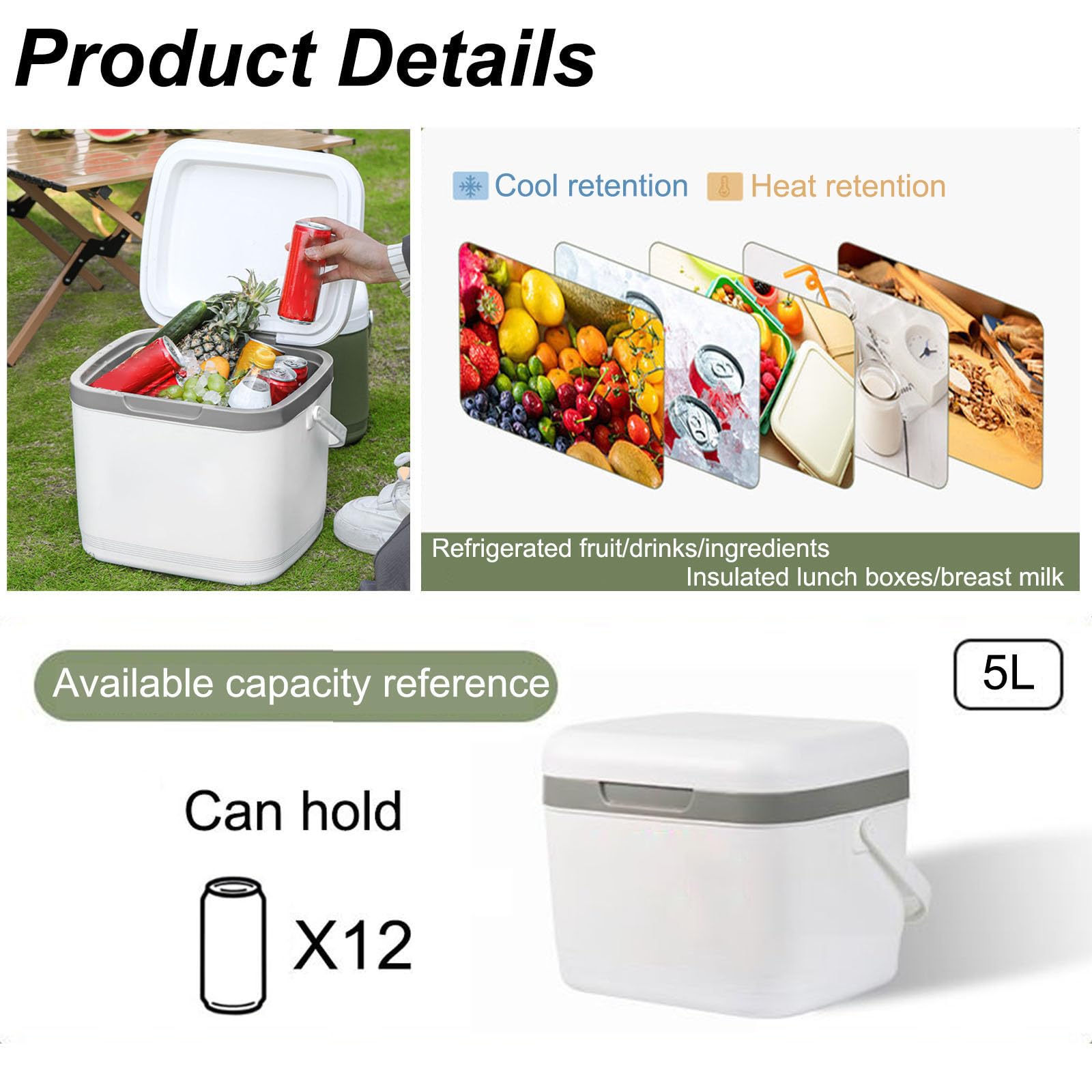 5L Cool Box, Contenitore Termico, Frigo Portatile, Thermobox, Scatola Termica per il Trasporto di Alimenti, Freddo Per Picnic Auto Spiaggia Viaggio Pasti All Aperto,7.5*10.2*6 in(Color:Verde)