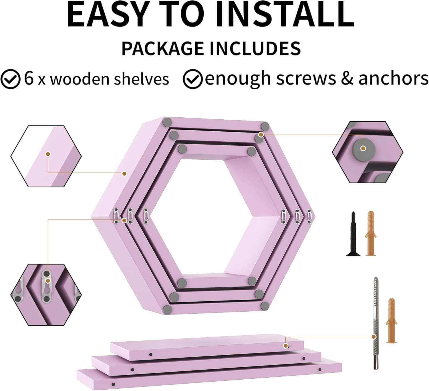 Wooden Hexagon Floating Shelves Wall Mounted,Set of 6 Pine Hexagon Shelves Display for Photos,Plants,Rustic Honeycomb Shelves for Living Room,Bedroom,Bathroom, Kitchen, Office Decor, Pink