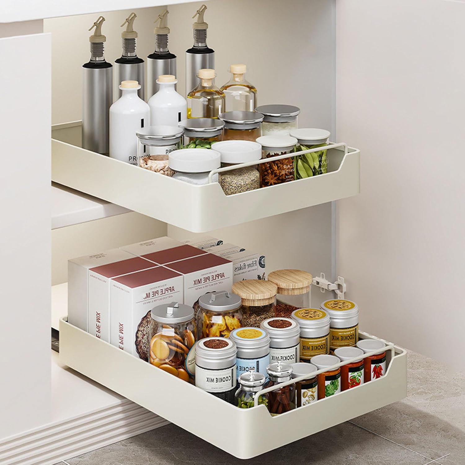 2 Pack Pull Out Cabinet Organizer Adhesive, 12.2" W x16.9 D x 2.75" H Slide Out Pantry Shelves, Pull Out Drawers for Cabinets, Sliding Drawers for Kitchen, Pantry, Living Room 2 pack(12.2" W x16.9 D x 2.75" H) white A(2pc)