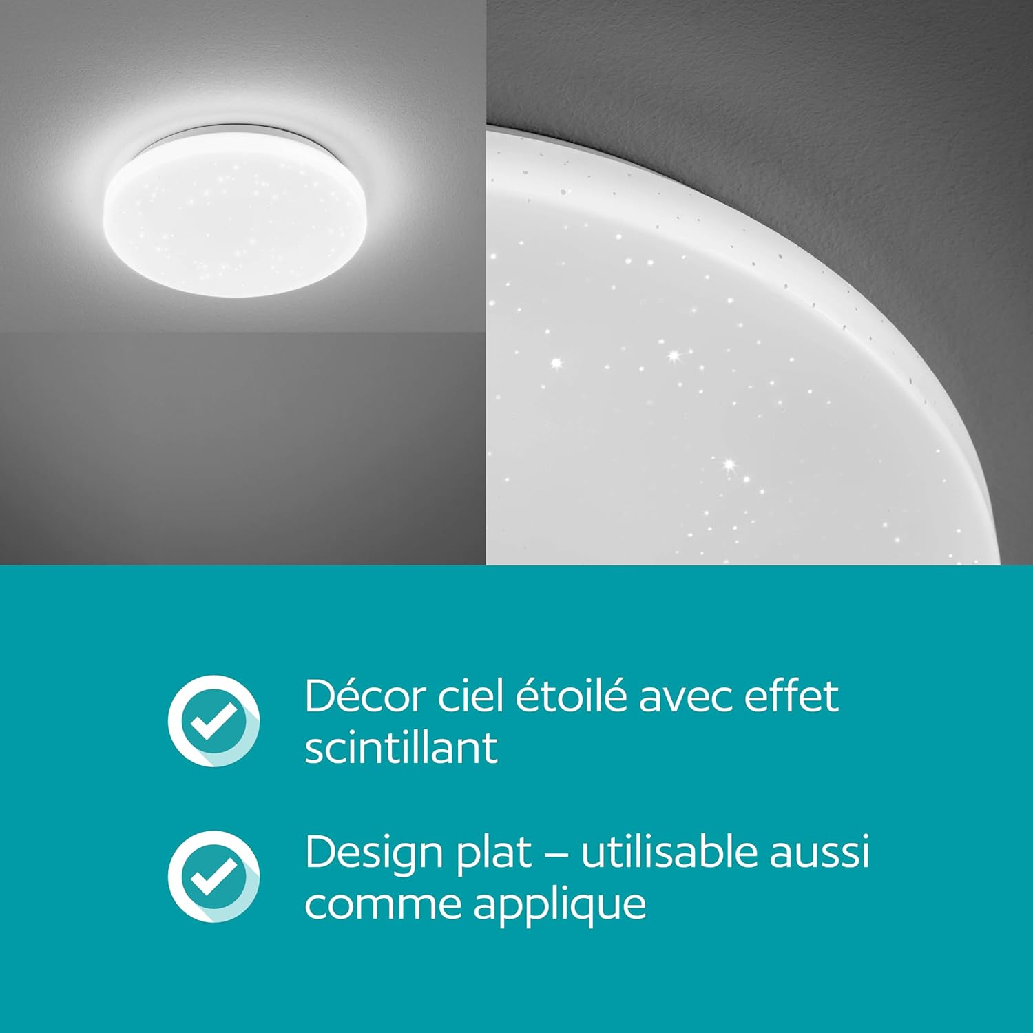 Close-up image showing the starry sky effect of the EGLO Pogliola LED light and its flat design, suitable for ceiling or wall mounting.