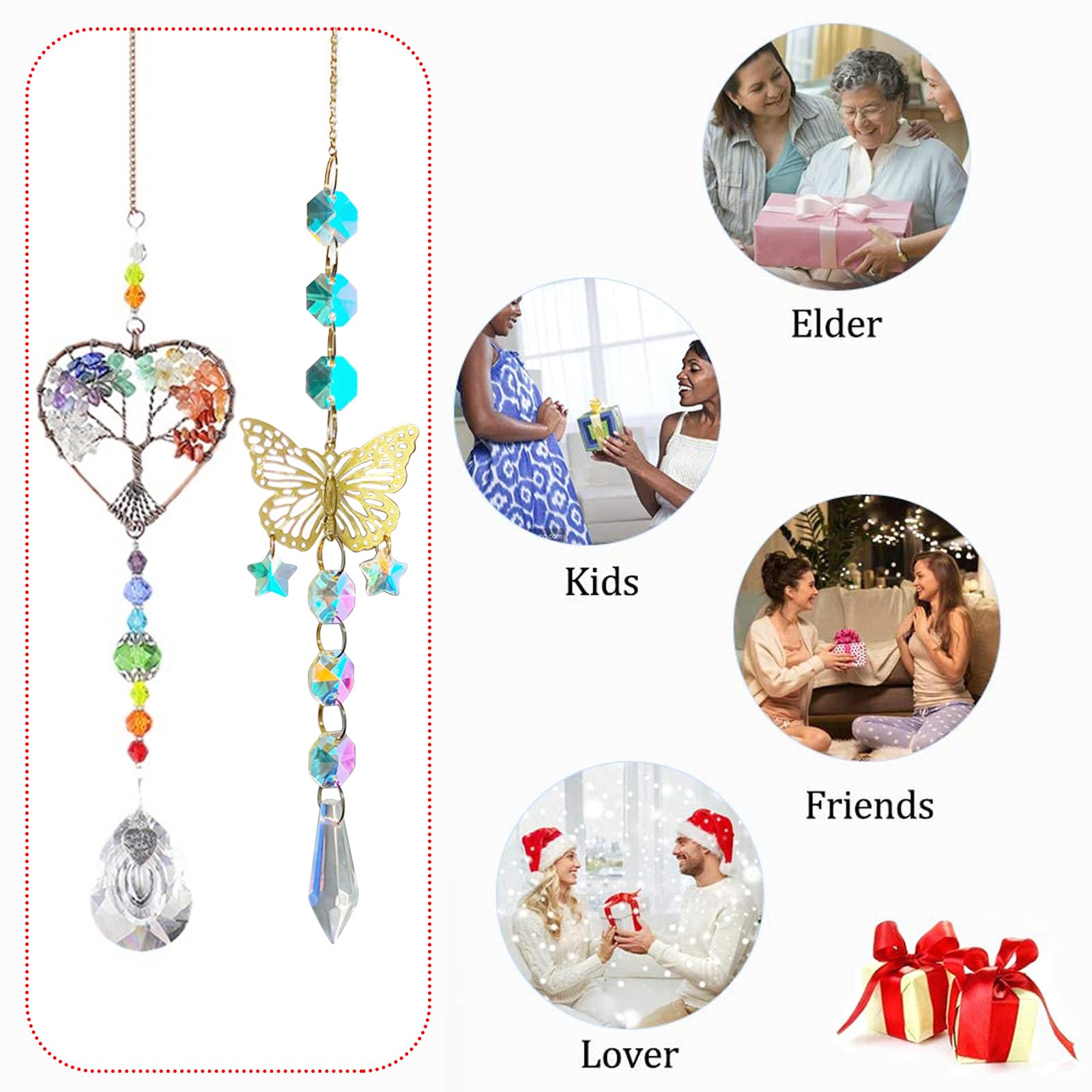 TYXHXTF 2 Piezas Atrapasoles de Cristal, Árbol de la Vida y Mariposa Campanas de Viento, Sun Catcher para Ventanas y Jardines, Prisma Colgante para Casa