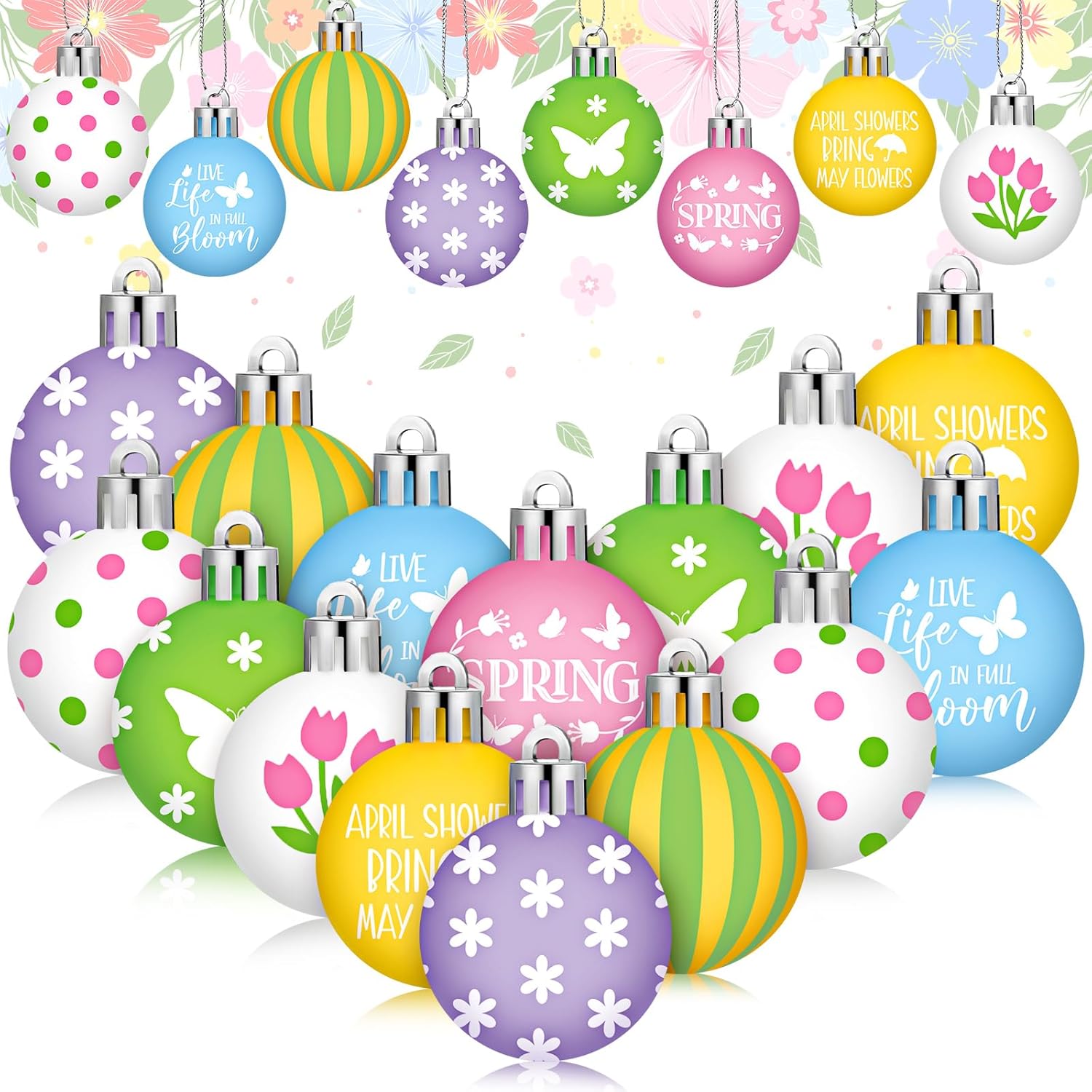 VIHOSE 32 Pcs Spring Ball Ornaments Colorful Butterfly Ornaments for Tree Pink Green Tulip Hanging Decorations Cute Floral 1.18-2" Assorted Plastic Hanging Balls Decors for Spring Holiday Decor