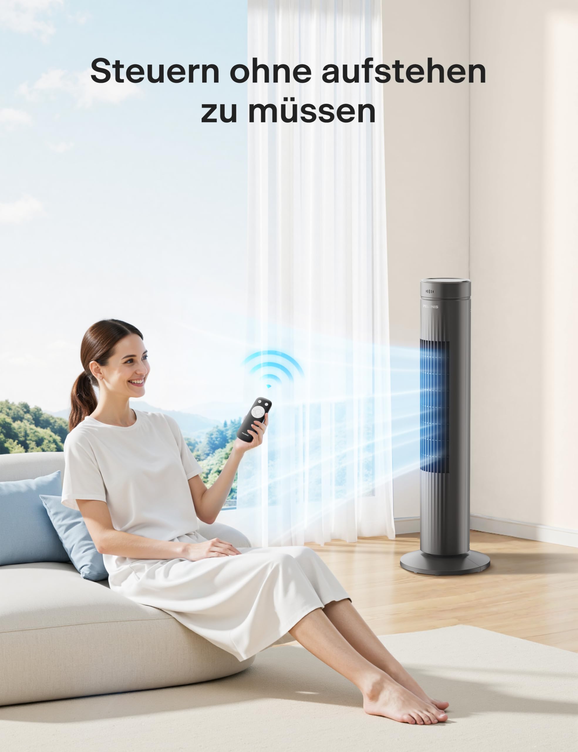 Pelonis Turmventilator mit Fernbedienung, 3 Geschwindigkeiten, 7-Std-Timer, 3 Modi, leiser Ventilator für Schlafzimmer