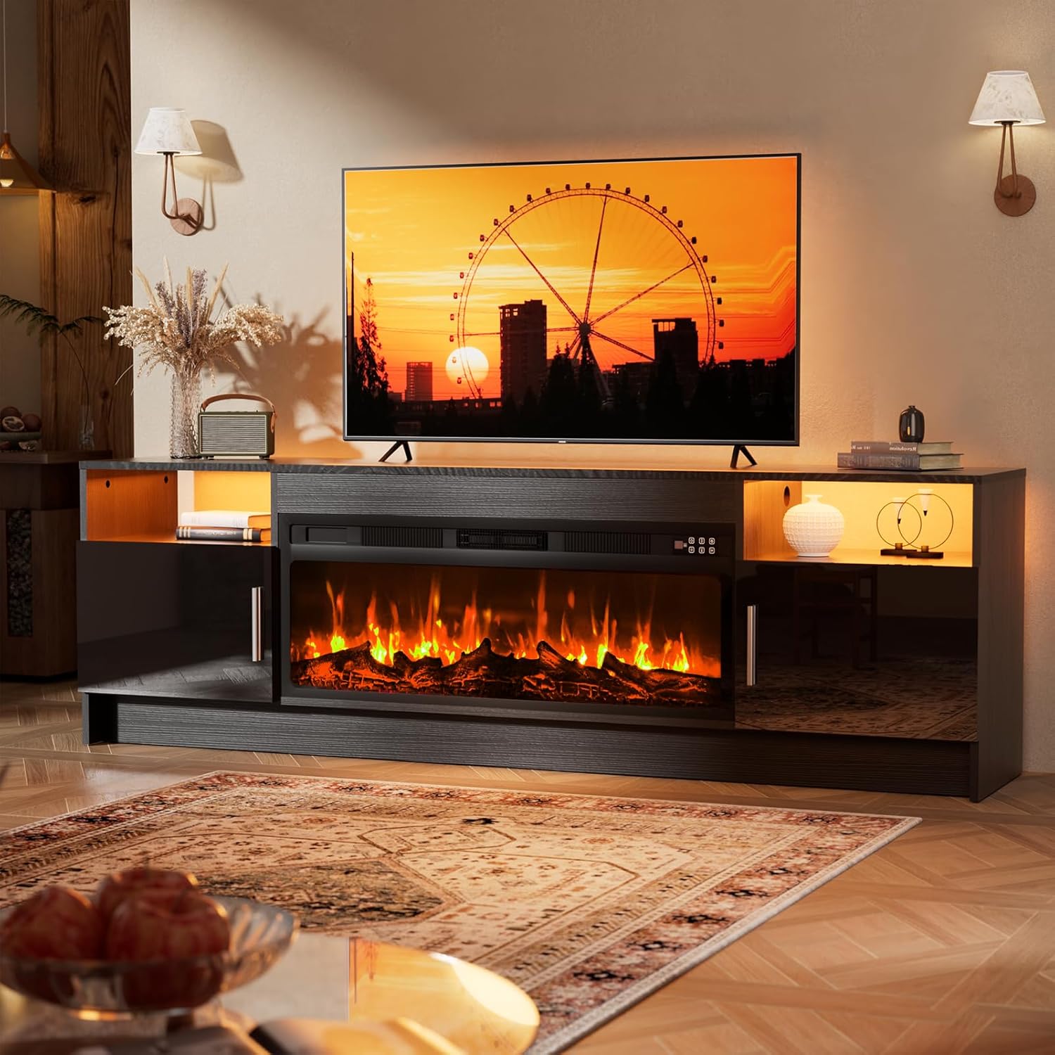 Kucreiheat TV Stand with Fireplace and Led Light-White Entertainment Center for 75+ inch TV- TV Cabinet with Storage, High Glossy Door, Modern TV Console for Living Room, 70'' Grey