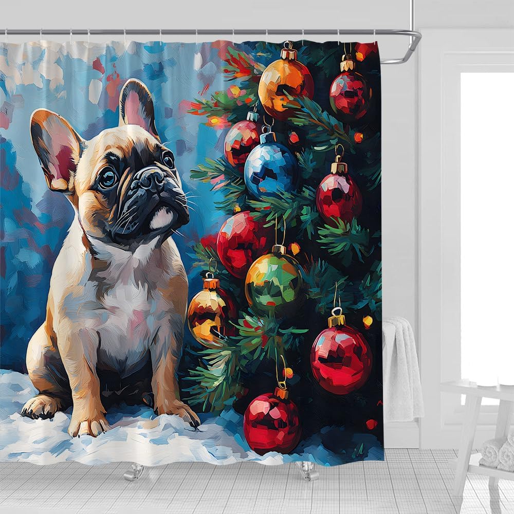 Christmas Dog Shower Curtain Lovely French Bulldog Xmas Pine Tree Ball Winter Snow Funny Puppy Watercolor Pet Lover Oil Painting Style Fabric Bathroom Decor Curtains with Hooks,82 x 70