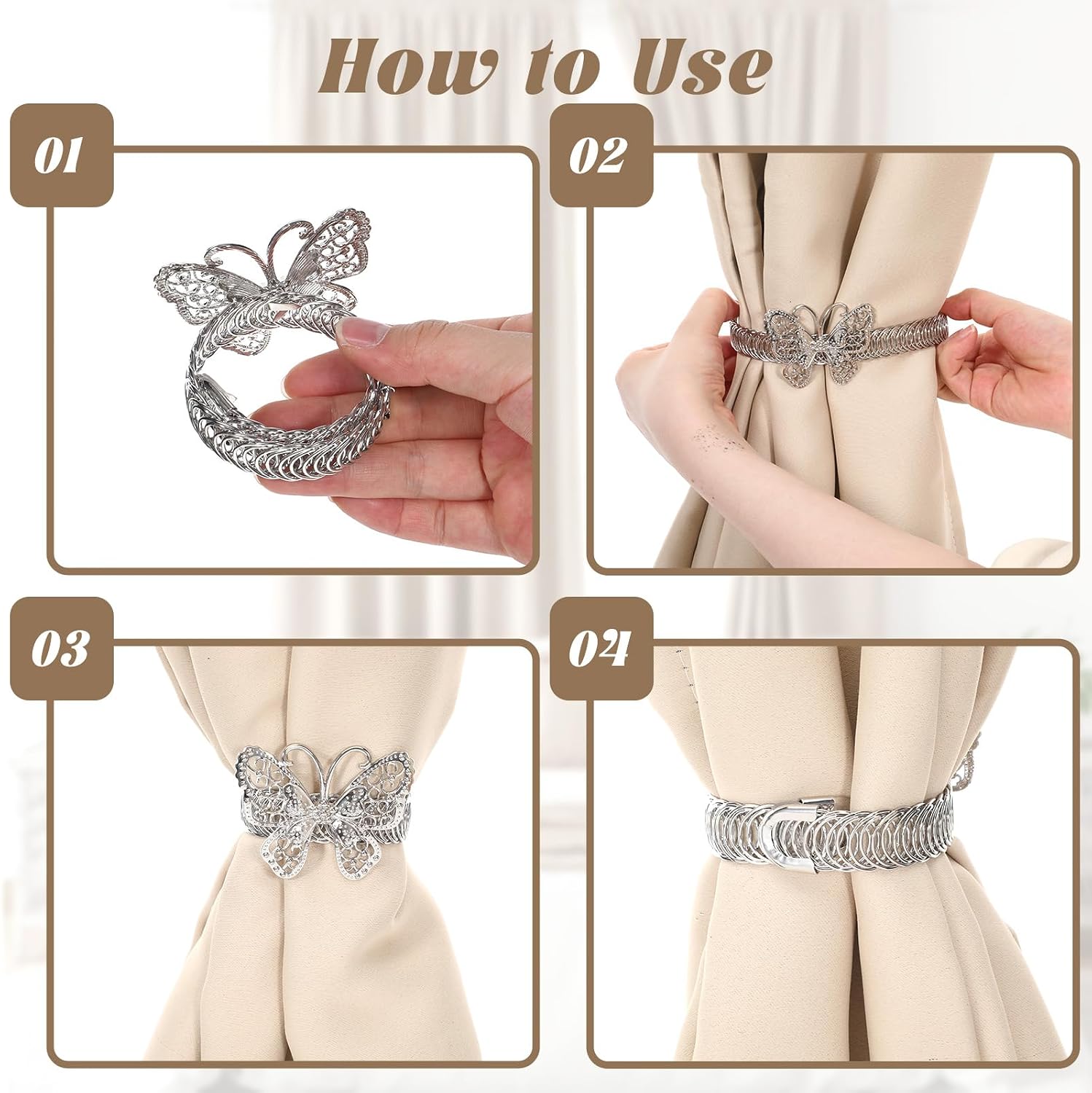 2 Pcs Silver Curtain Tiebacks, No-Drill Butterfly Metal Curtain Holdbacks Curtains Tie Backs Exquisite Luxury Curtains Holders Binding Strap for Home Office Window Decoration, Easy to Use