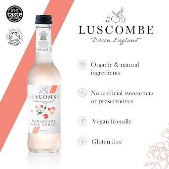 Luscombe - Damascene Rose Bubbly (12 x 27cl) - Dartmoor Spring Water, Damascene Rose Petals, Muscat Grape & Sicilian Lemon Juice, All Natural Organic Ingredients, Vegan & Gluten Free