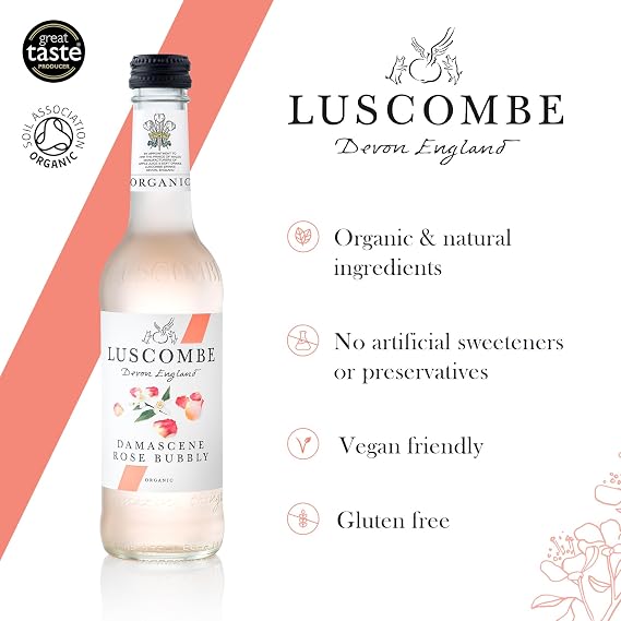 Luscombe - Damascene Rose Bubbly (12 x 27cl) - Dartmoor Spring Water, Damascene Rose Petals, Muscat Grape & Sicilian Lemon Juice, All Natural Organic Ingredients, Vegan & Gluten Free