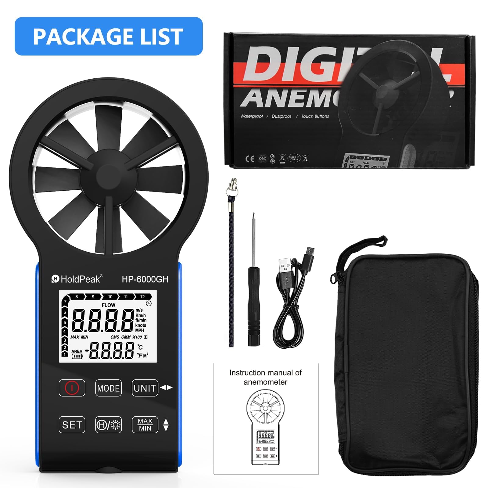 Anémomètre Numérique, Anémomètre Rechargeable, VMC Anémomètre Mesurer la Vitesse du Vent/Température écran LCD Rétroéclairé, Anémomètre Portatif pour Extérieur pour kitesurfing HVAC drone