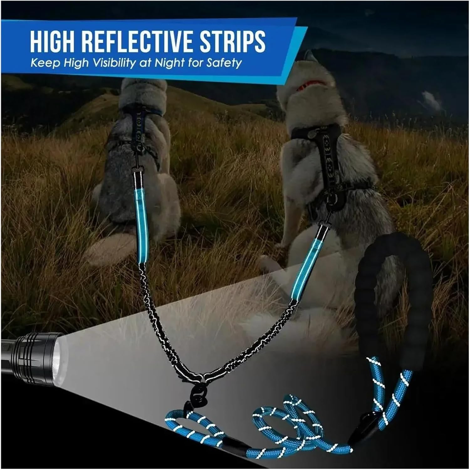 Reflective Double Dog Leash with Two Extra Traffic Handles: 360 Swivel No Tangle Dual Walking Leash, Comfortable Shock Absor(Sky Blue)