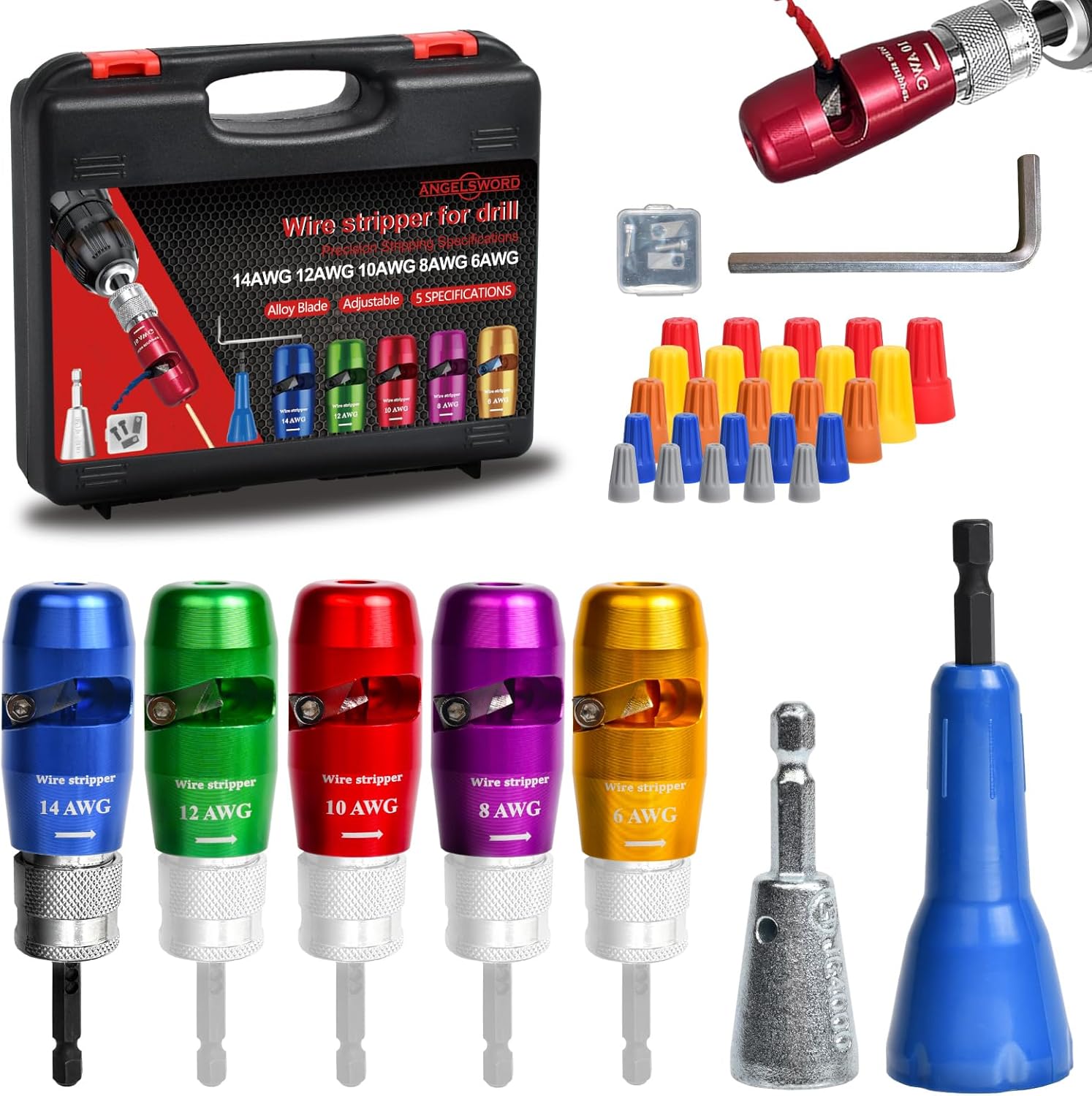 ANGELSWORD Wire Stripper & Wire Twister Tool for Drill, Wire Stripping Tool & Wire Twisting Connector Set 6/8/10/12/14 AWG, 5 PCS Professional Electrician Tools Set