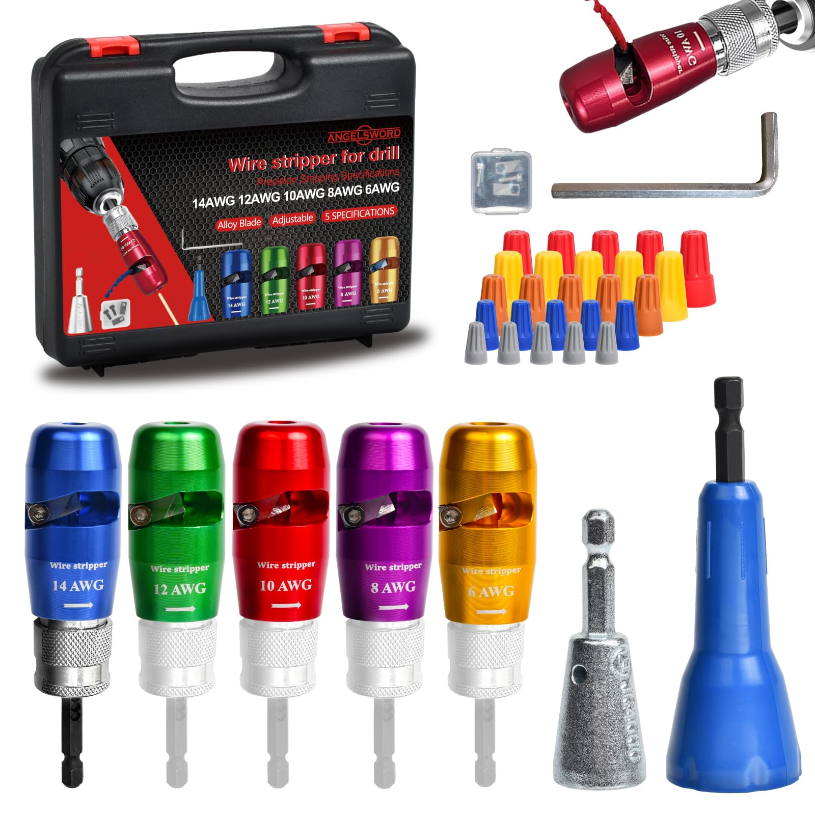 ANGELSWORD Wire Stripper & Wire Twister Tool for Drill, Wire Stripping Tool & Wire Twisting Connector Set 6/8/10/12/14 AWG, 5 PCS Professional