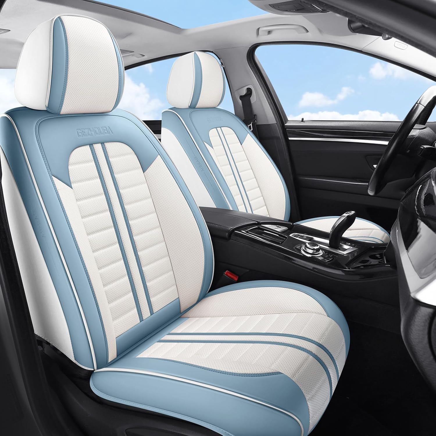 Car Seat Covers Full Set with Waterproof Leather, Luxury Universal Automotive Vehicle Cover for Cars SUV Pick-up Truck, Heavy Duty Seat Protector Car Interior Accessories (Blue White)