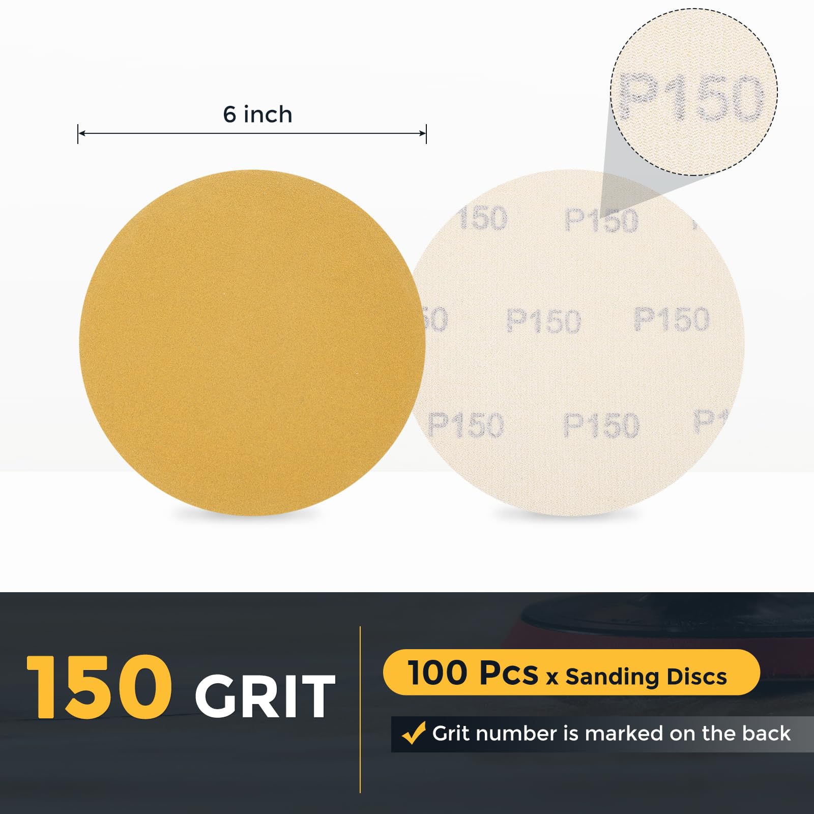 QUARKZMAN 100Pz 150mm 6" Dischi Per Levigare 150 Grit Carta Vetrata A Gancio E Anello Levigatrice Orbitale Per Lavorazione Legno Metallo, Oro