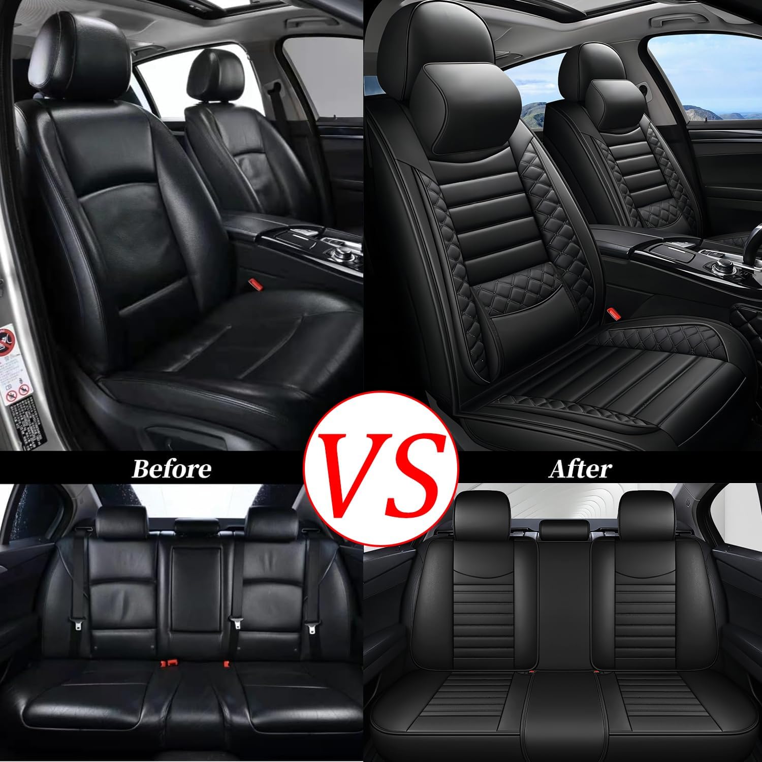 5 Seat Covers for Audi Q8 2019-2023 2024 2025,Full Set Luxury Leather Car Seat Cover Waterproof Seat Protectors,Breathable Vehicle Seat Cover Airbag Compatible Car Cushions(Black with Pillows)