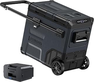 JESIMAIK 車載冷蔵庫 E55 55L -20℃～10℃ 2室独立温度制御 バッテリー1個付き 伸縮ハンドル・キャスター 急速冷凍 2フタ開き ポータブル冷蔵庫 コンプレッサー式 4WAY電源対応 AC100V DC12V/24V 電池 コードレスれいぞうこ 大容量 省エネ 静音 LCD温度表示 庫内灯・角カバー付き 家庭アウトドア両用 キャンプ 車中泊 BBQ 釣り 災害時に大活躍