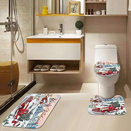 Miniatura 5 de Emvency Juego de cortinas de ducha de Navidad con tapa de inodoro y alfombras antideslizantes, diseño de bosque de invierno, nieve, camión, muñeco