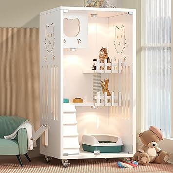 Wooden Cat House Large Space, Enclosed Cats Condo, Indoor/Outdoor Cat Enclosure with Wheels, Multi-Feature Luxury Cat Villa for Cats Ventilation Glass Doors,50" X 24" X 24" White, 50" X 24" X 24"