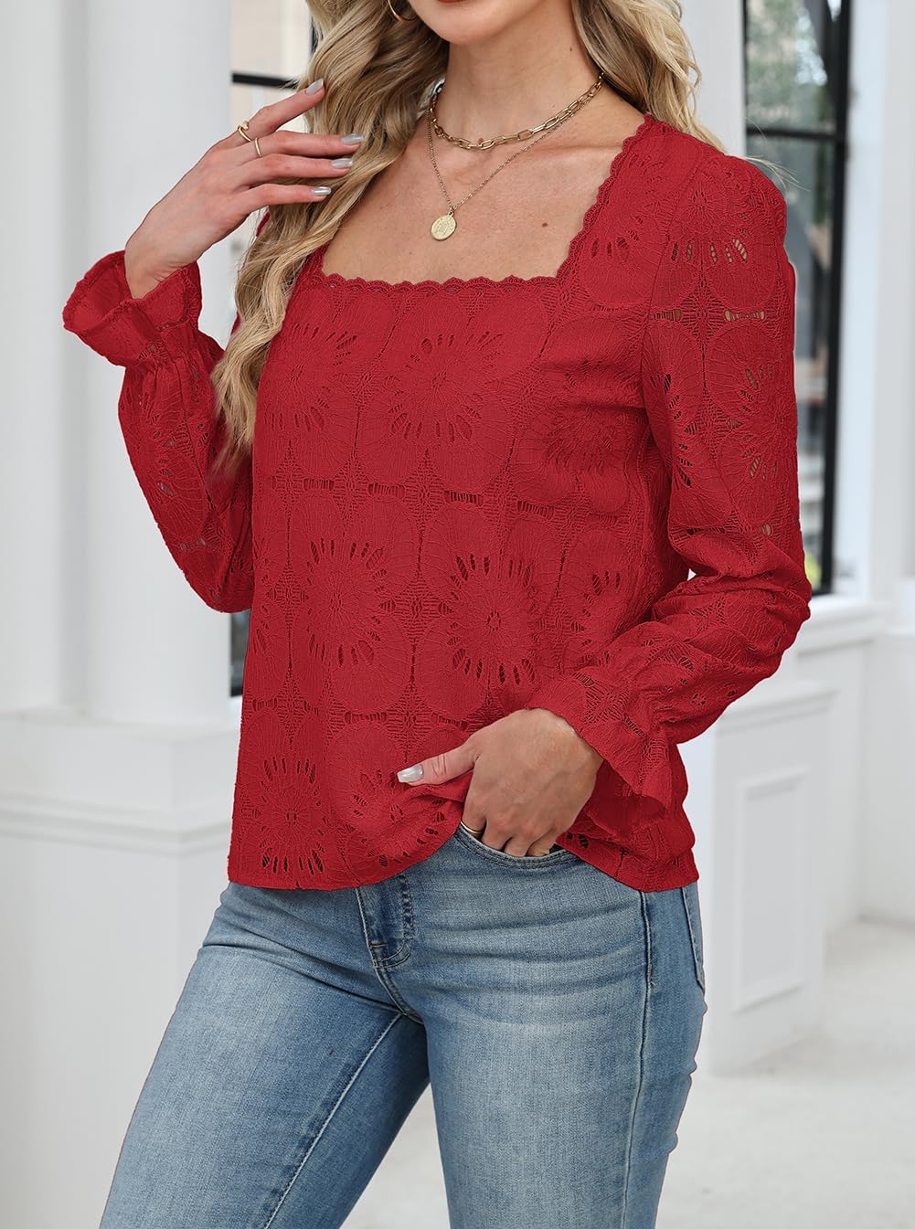 Blouses for Women Dressy Casual Eyelet Square Neck Long Sleeve Embroidered Lace Crochet Boho Tops Fall Fashion 2025 - Image 5
