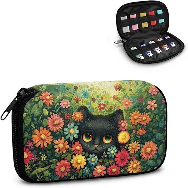 Xoenoiee Black Cat Floral Print USB Flash Drive Bag Thumb Drive Case Lightweight USB Storage Bag with 10 Slots Compact Flash Drive Organizer Easy to Carry