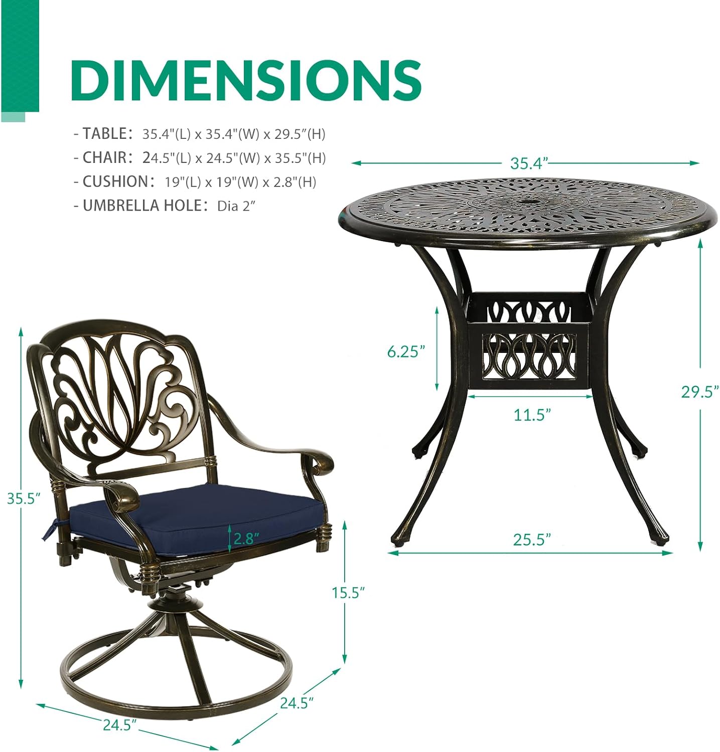 VIVIJASON 5-Piece Outdoor Patio Dining Set, All-Weather Cast Aluminum Conversation Set, Patio Furniture Set, Include 4 Swivel Dining Chairs, a 35.4" Round Table w/Umbrella Hole, Navy Blue Cushion
