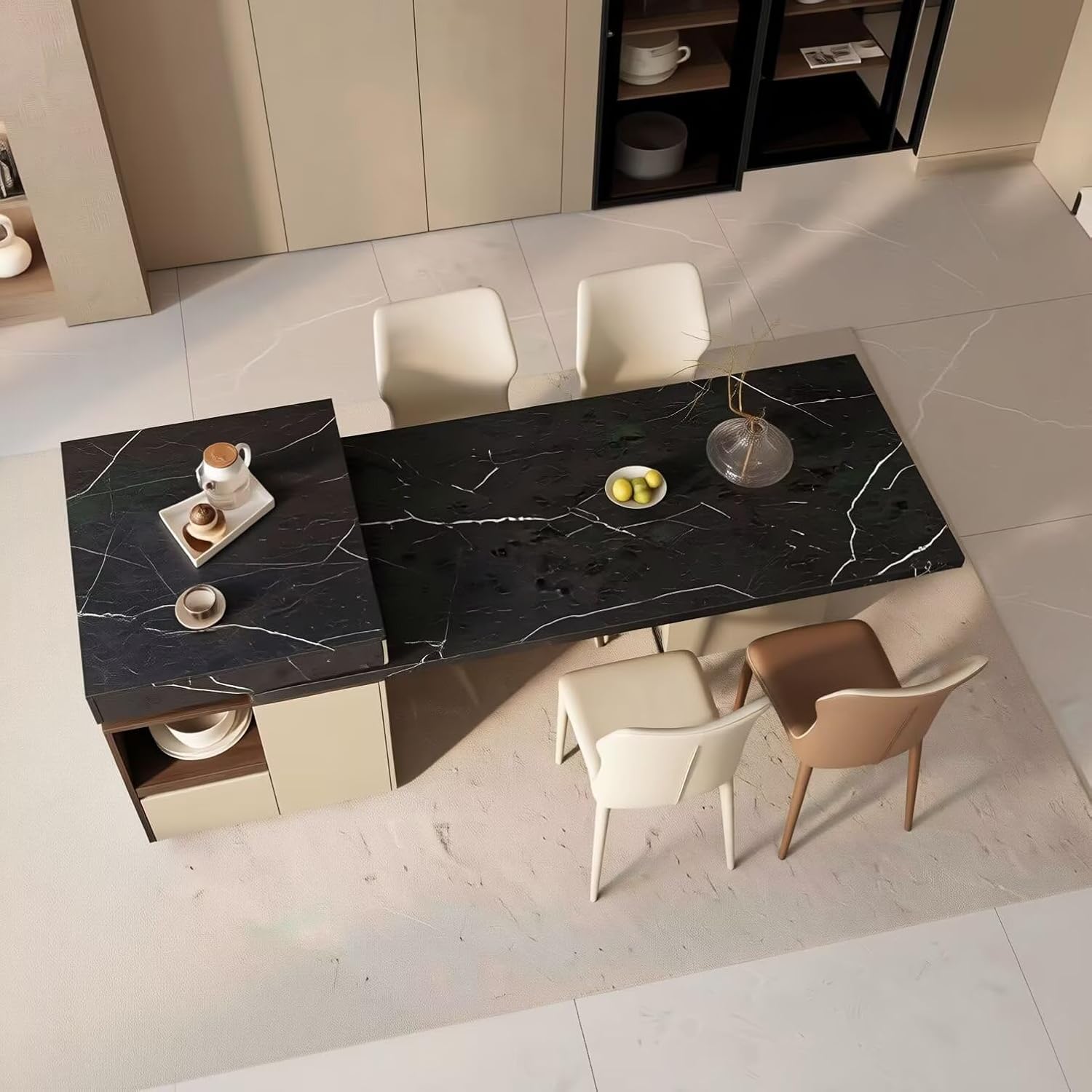 Dinner Table, Modern Kitchen Island with Sintered Stone Top and Open Shelving, Extendable Dining Table for 2-4 People, with Power Outlet (66.93IN No Chairs)