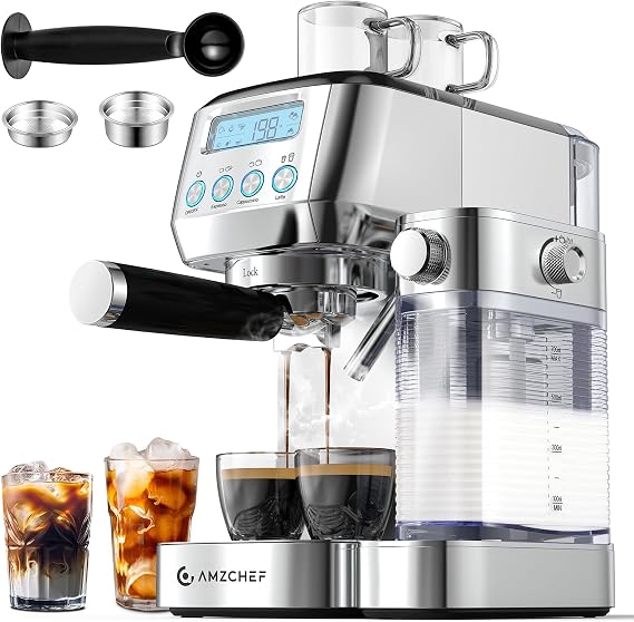 AMZCHEF Espresso Machine & Burr Grinder Combo, 20 Bar with Automatic Milk Frother, 48 Precise Grind Settings, LCD Displays, Anti- Static, Compact for Home/Office, Silver